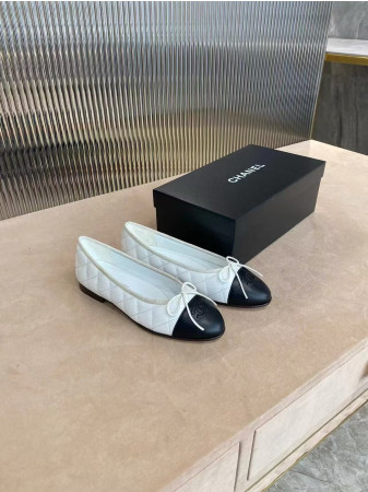 Ch*el ballet flats aged calfskin white & black