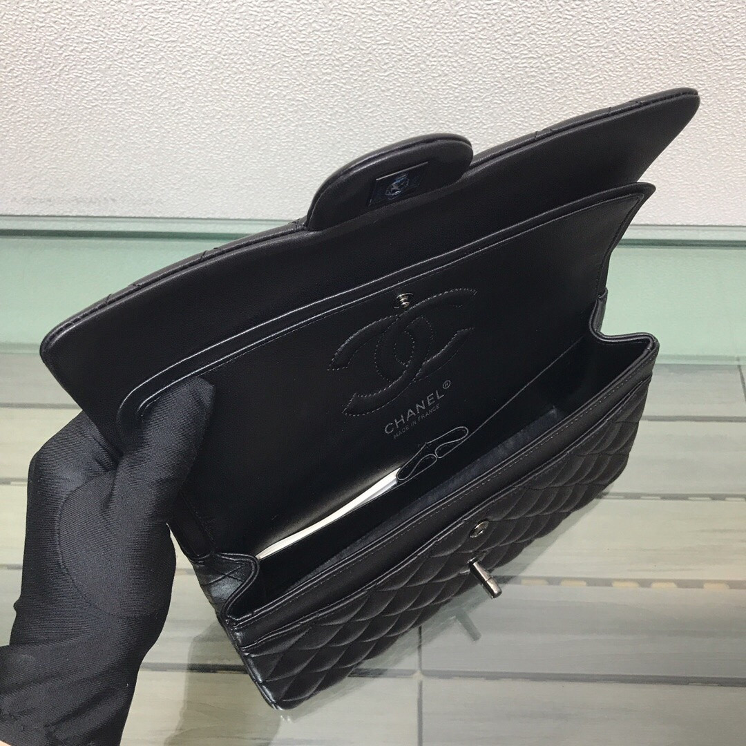 Ch*el crumpled calfskin quited double flap black  15.5x25.5x6.5cm