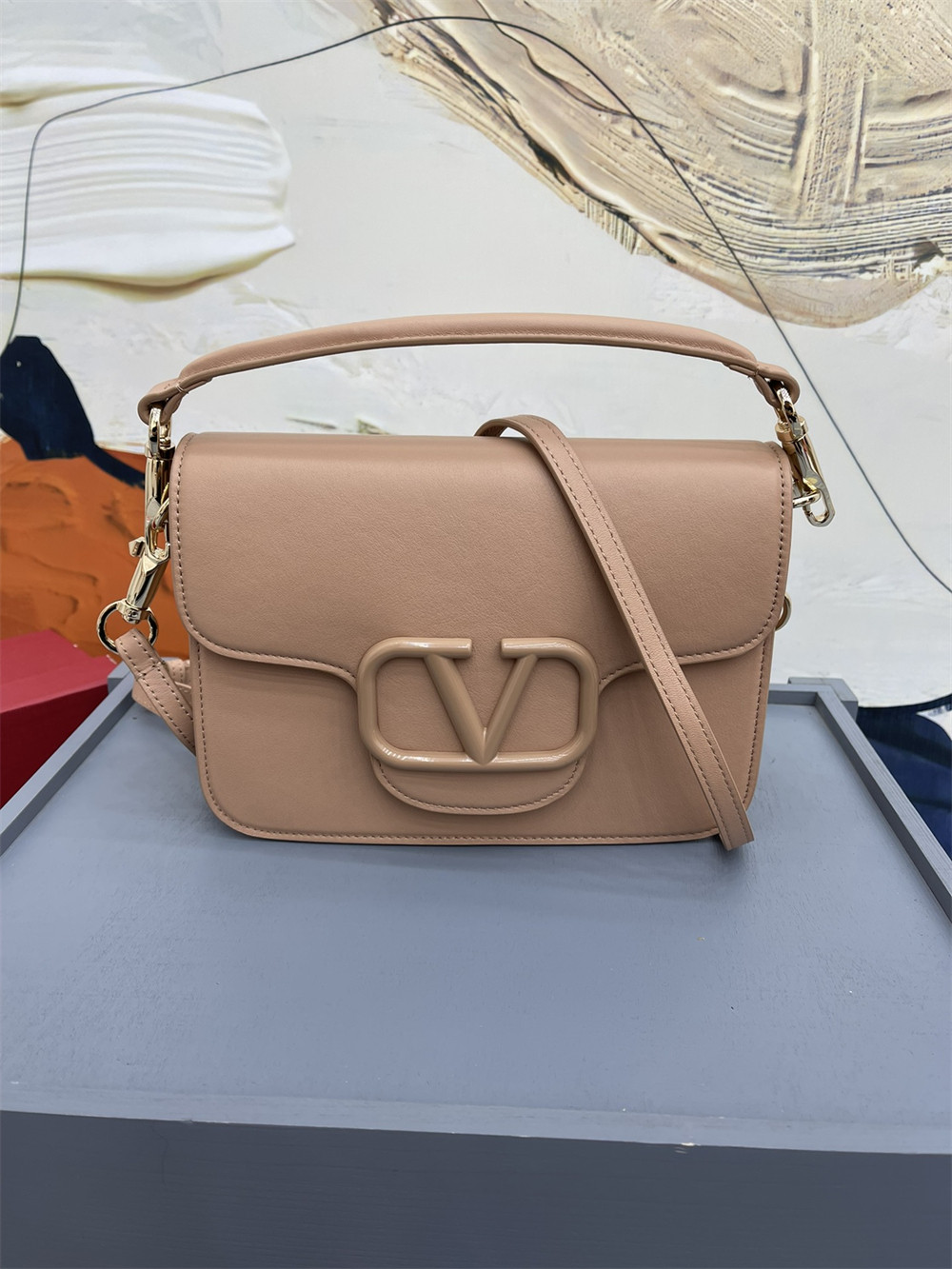 VALENTINO GARAVANI LOCÒ CALFSKIN SHOULDER SMALL BAG ROSE CANNELLE 22 x 16  x 7 cm