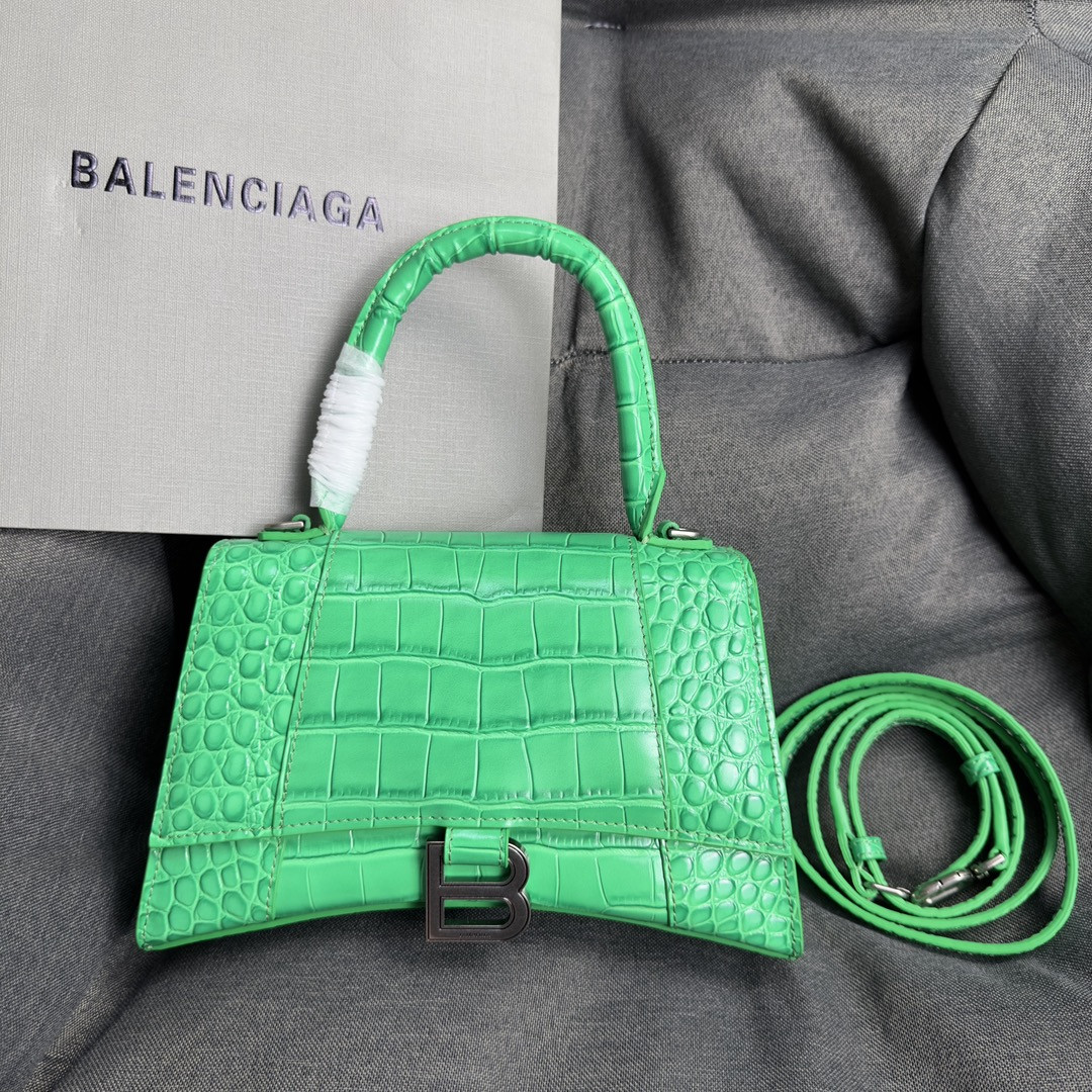 Ba*len*cia*ga women's hourglass small handbag crocodile embossed in green l9 x h5.5 x w3.9 inch