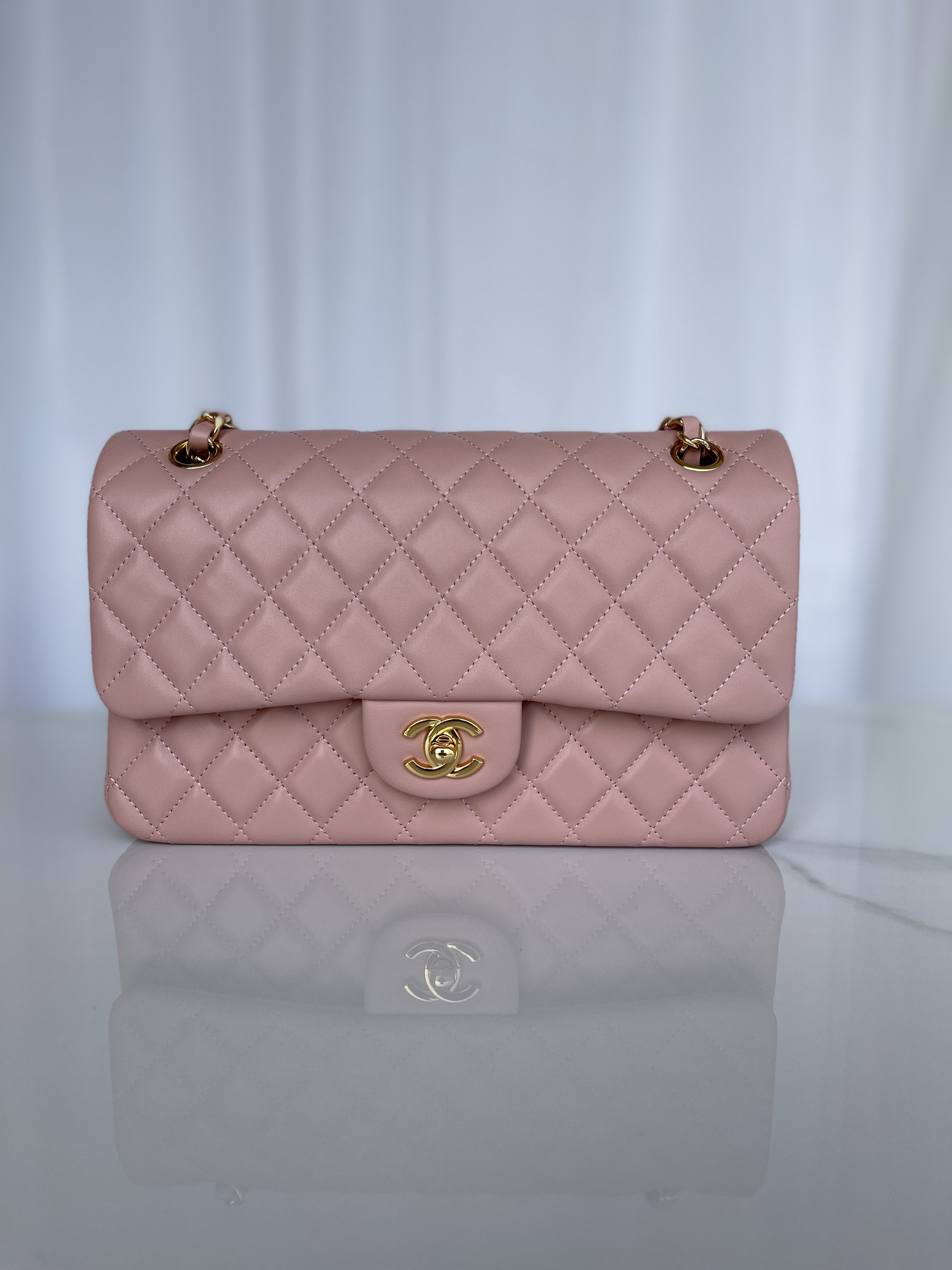 Ch*el classic flap 25cm cf pink gold 6 × 9.9 × 2.5 in