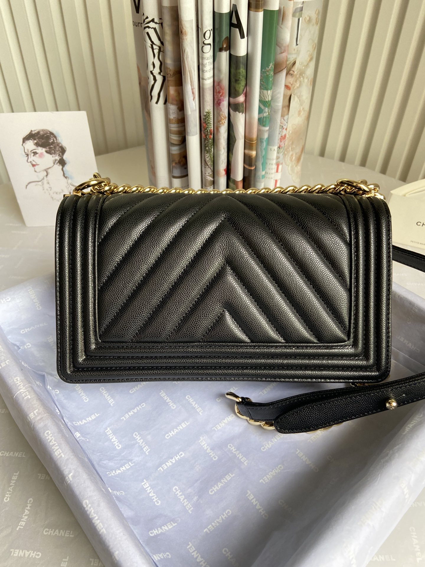 boy Ch*el handbag shiny grained calfskin & gold-tone metal black 5.9 × 9.8 × 3.5 in