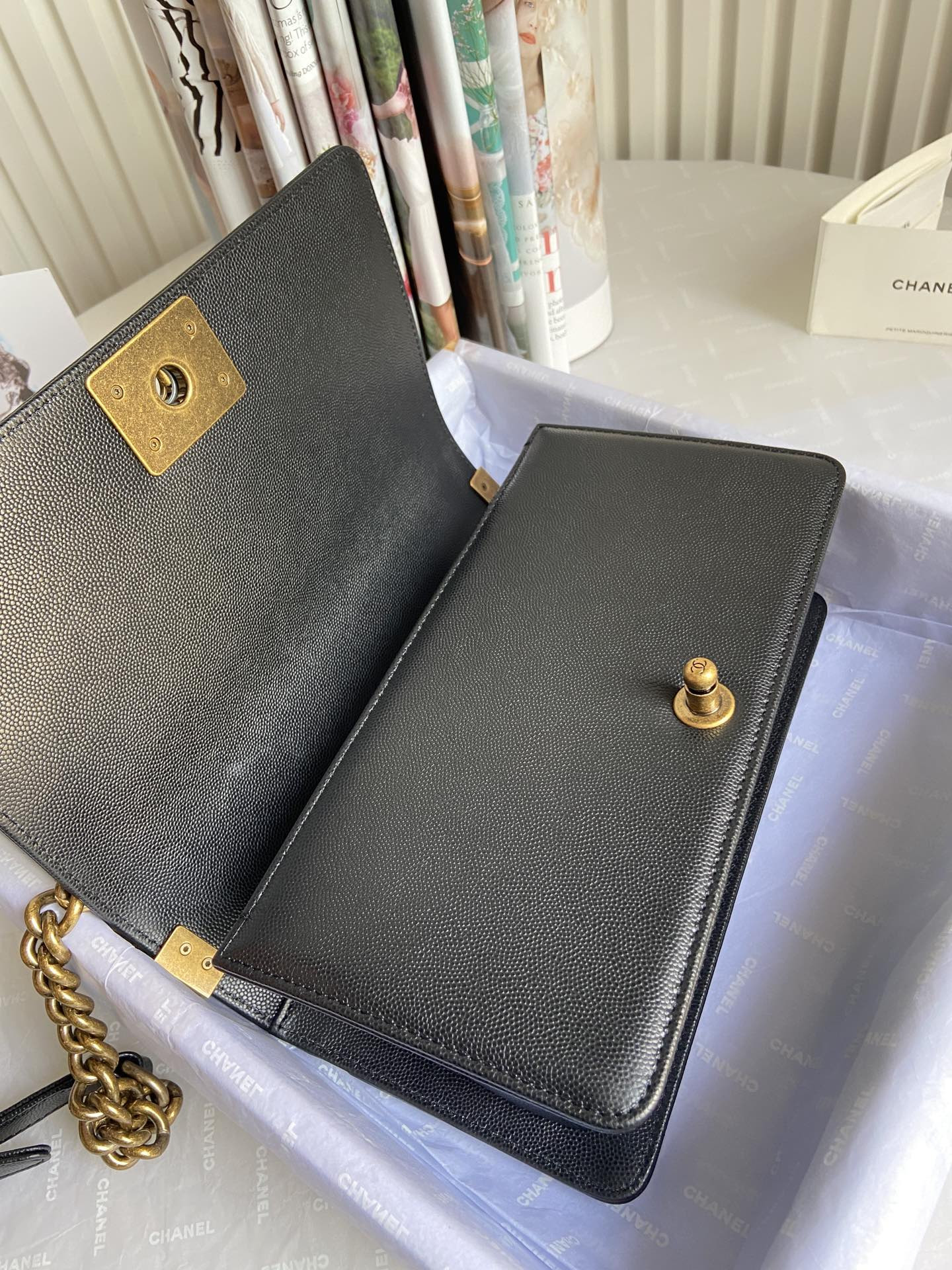 boy Ch*el handbag shiny grained calfskin black 5.9 × 9.8 × 3.5 in