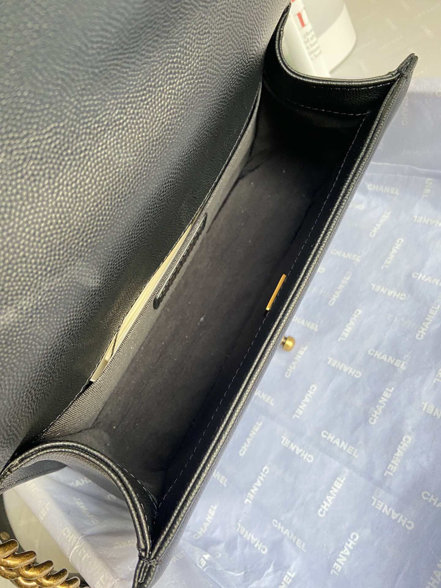 boy Ch*el handbag shiny grained calfskin black 5.9 × 9.8 × 3.5 in