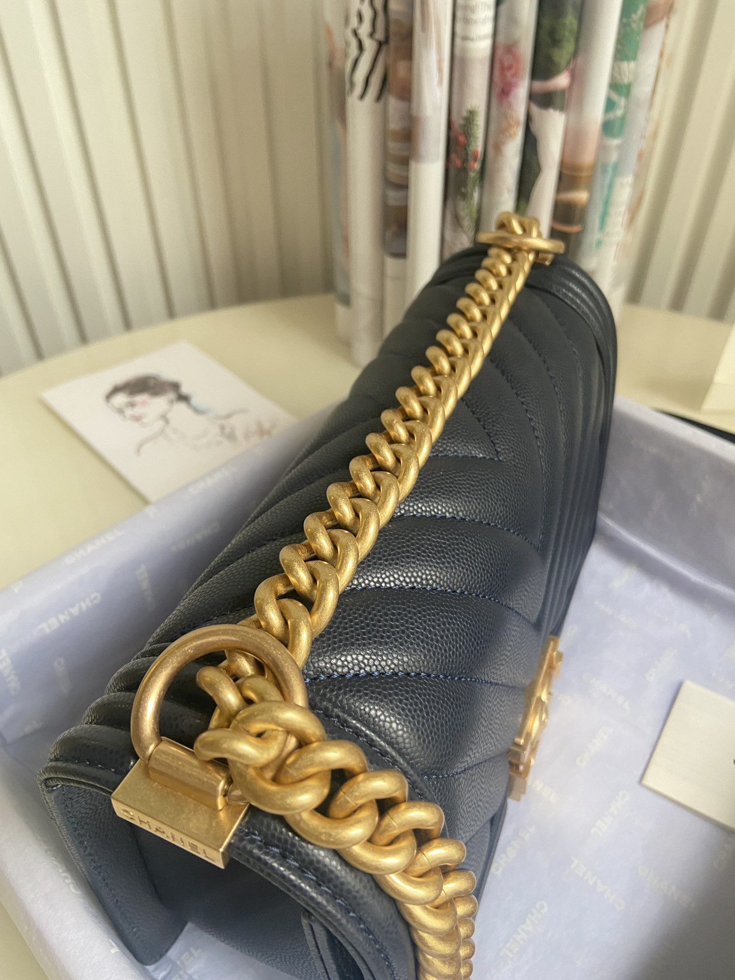 boy Ch*el handbag shiny grained calfskin & gold-tone metal navy 5.9 × 9.8 × 3.5 in