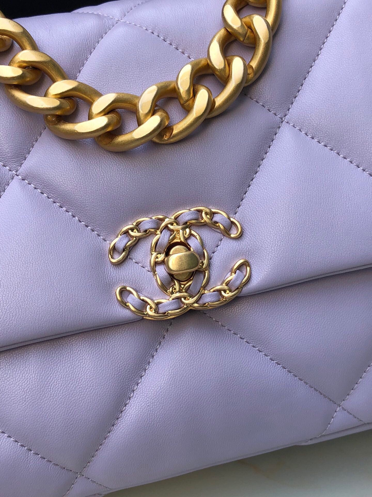 Ch*el 19 large handbag shiny leather, gold-tone, silver-tone & ruthenium-finish metal purple 7.8 × 11.7 × 3.9 in