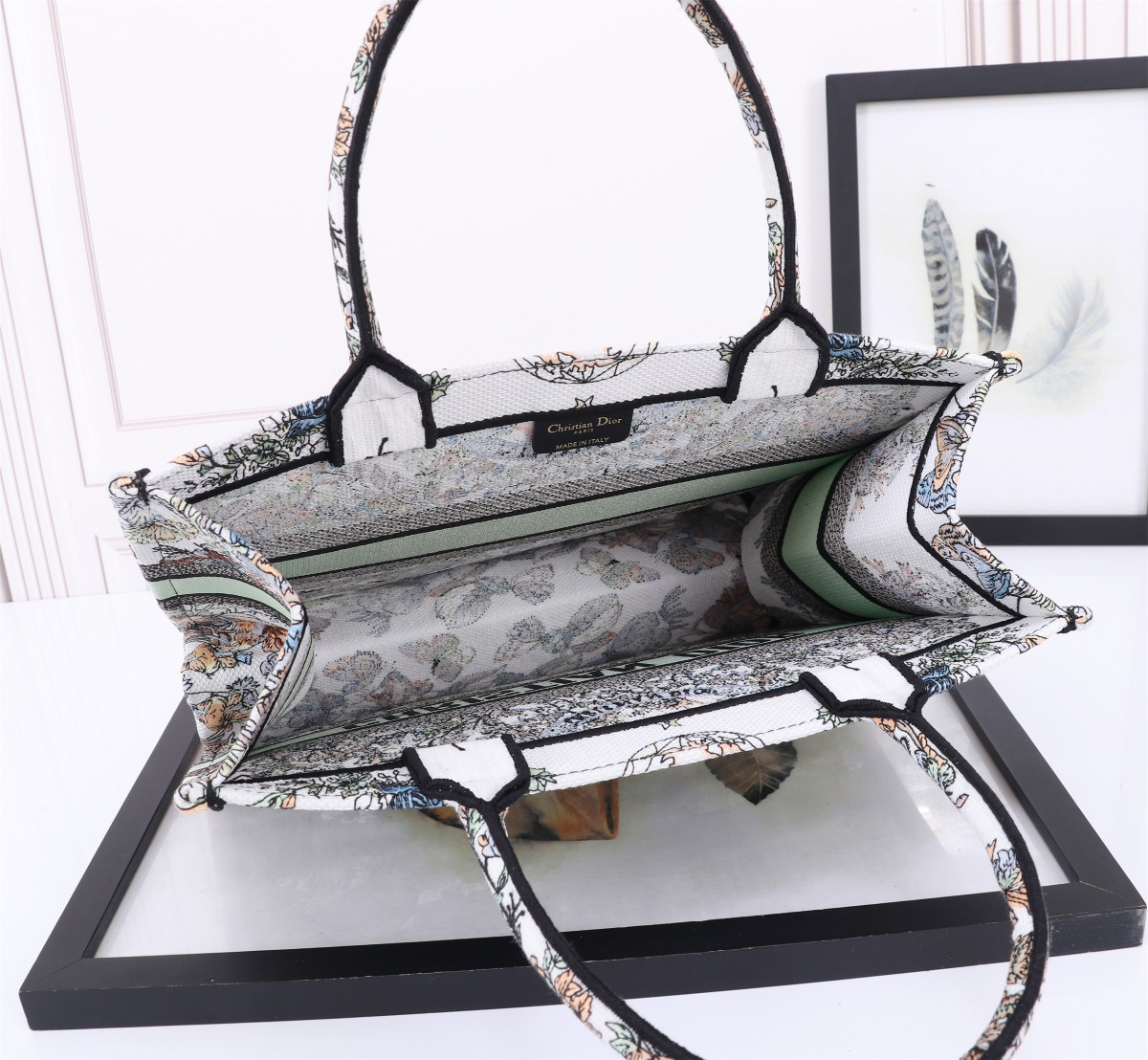 medium D*or book tote  white multicolor toile de jouy mexico embroidery 14 x 11 x 6.5 inches