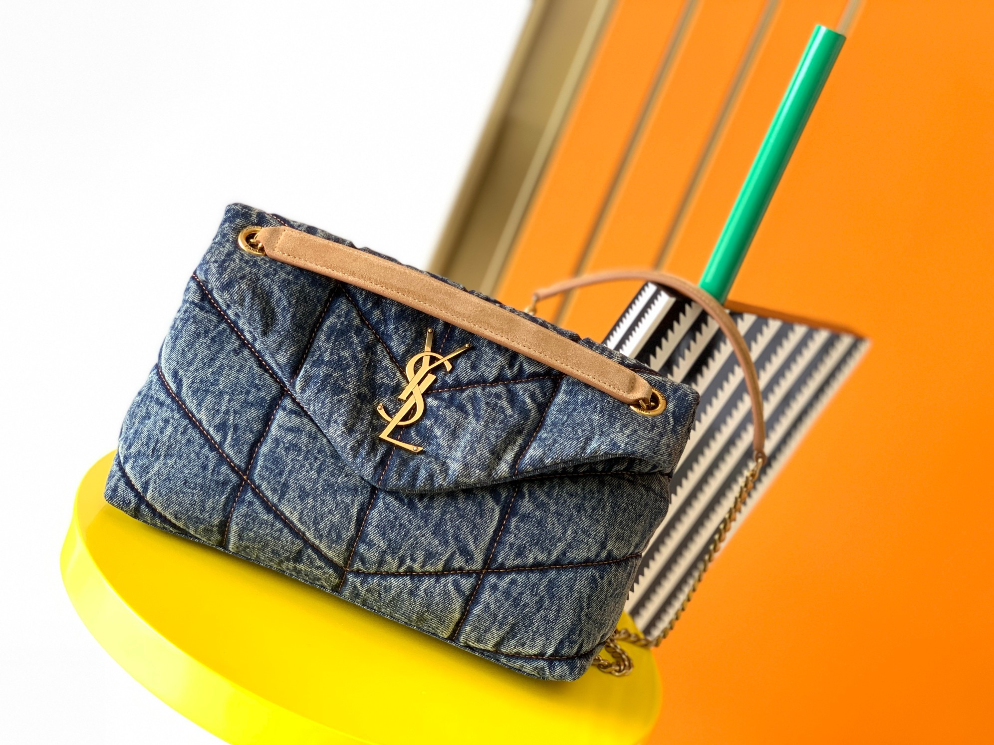 Y*L puffer small in suede and denim light blue 11.4 x 6.6 x 4.3 inches