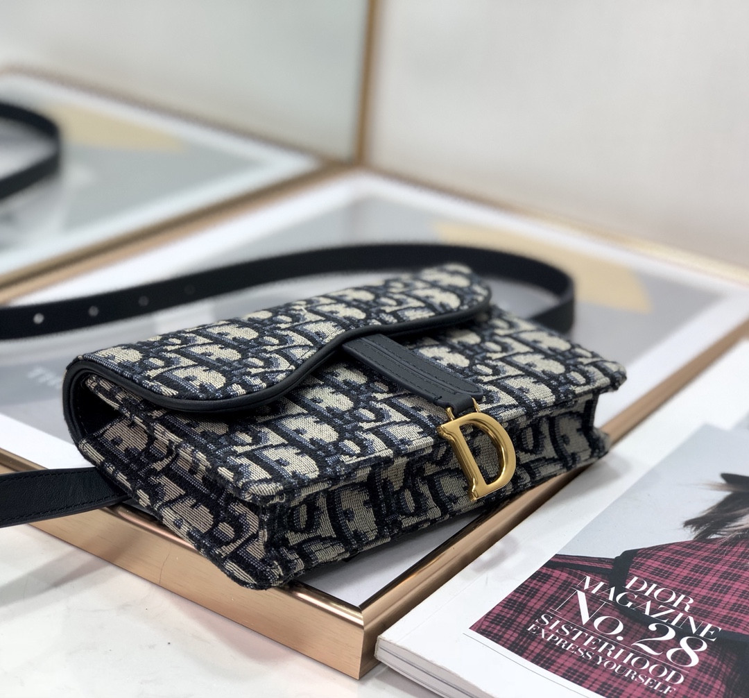 D*or saddle pouch blue D*or oblique jacquard  6.5 x 4 x 1.5 inches