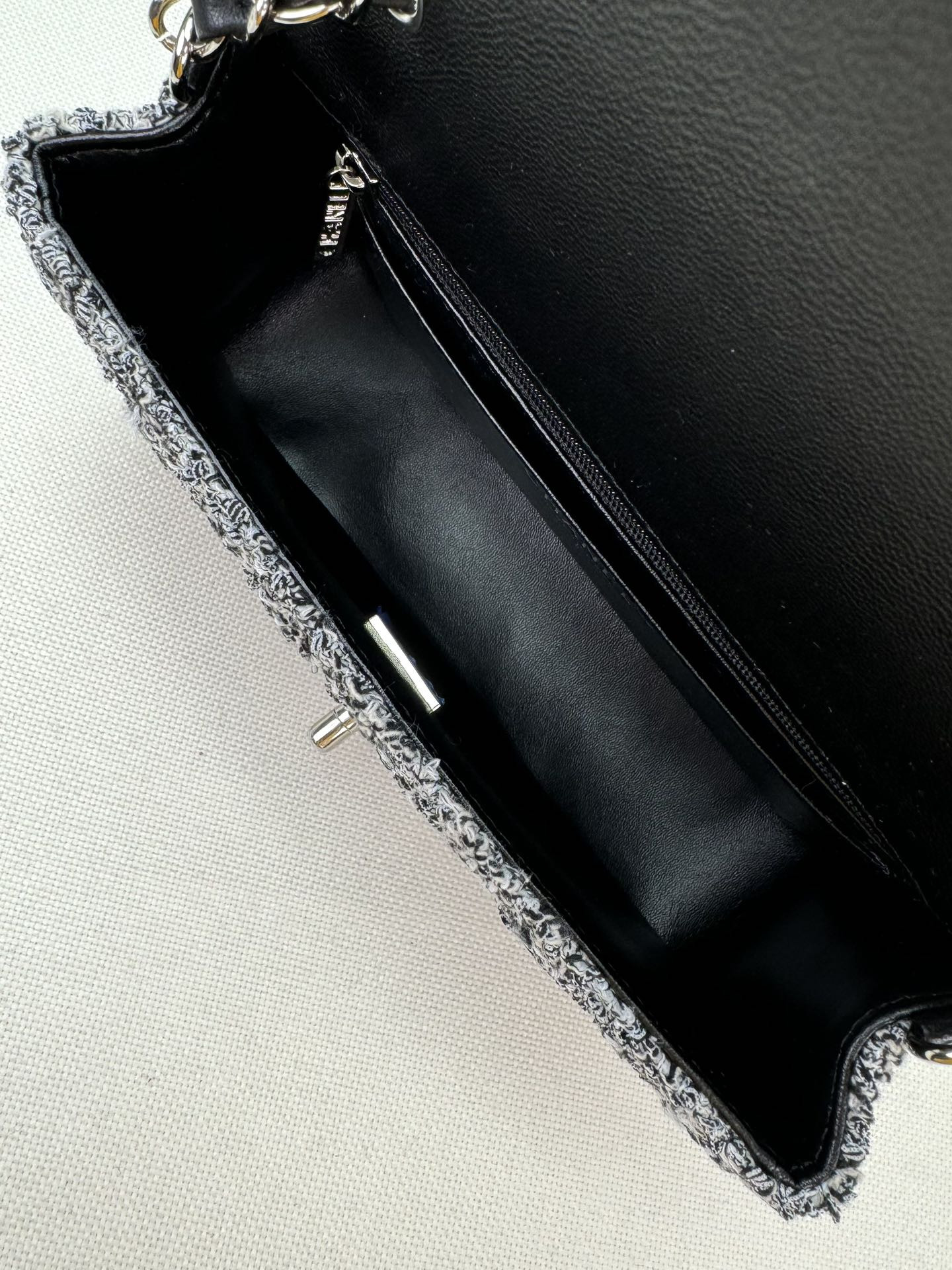 Ch*el mini classic 11.12 handbag tweed & silver-tone metal 4.7 × 7.8 × 2.3 in